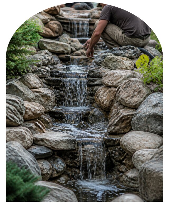 Водопад на участке под ключ с монтажом и отделкой в Люберцах